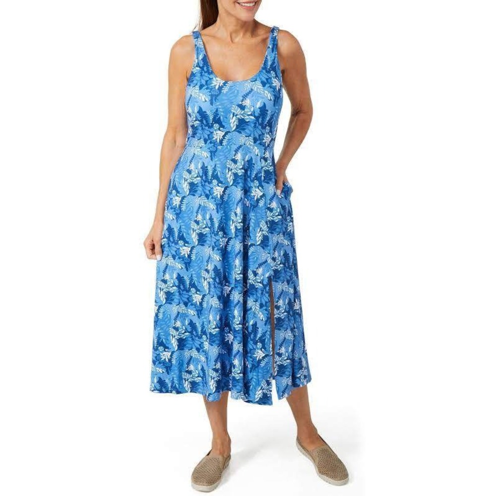 Reel Legends Midi Dress Size L Blue Tropical Leaf Padded Tropical Travel Pockets